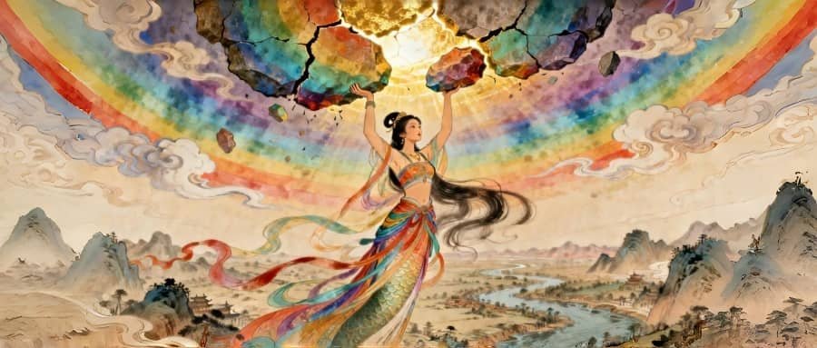 The Chinese goddess Nü Wa molding humans from clay, representing the Cancer zodiac sign's nurturing and creative archetype